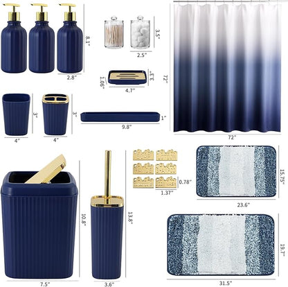 32PCS Bathroom Set Bathroom Sets with Shower Curtain and Rugs Navy Blue Bathroom Accessories,Shower Curtain Set,Bathroom Rug Set with Bathroom Trash Can