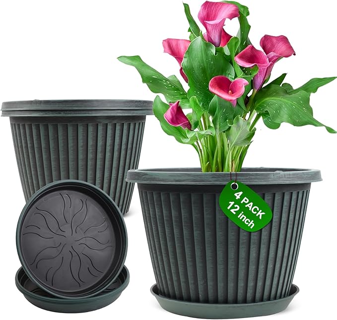 12 inch Plant Pots Indoor Outdoor, 4 Pack Large Planter, Plastic Flower Pots with Saucer and Drainage Holes, Modern Decorative Resin Garden Pots for House Plants