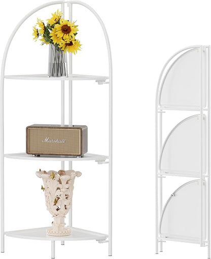 Crofy Foldable 3 Tier Corner Shelf, Metal Corner Plant Stand with White Frame and White Shelves, Corner Display Rack Multipurpose Shelving Unit for Living Room, Bedroom, Bathroom
