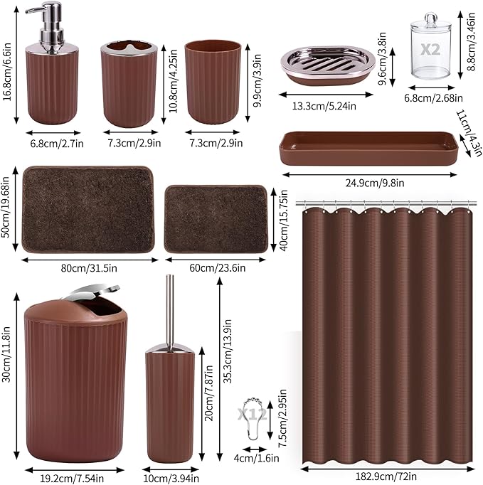 24 PCS Brown Bathroom Accessories Set with Shower Curtain and Rugs, Bathroom Sets with Extra Soft and Absorbent Bath Rugs Shower Curtain Pink Bathroom Sets for Bath