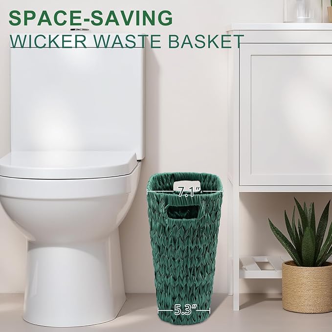 Dark Green Bathroom Accessories Set with Wicker Trash Can, Dark Green Bathroom Accessories Set Bathroom Sets Small Waste Basket Bathroom Trash Can for Bedroom Bathroom
