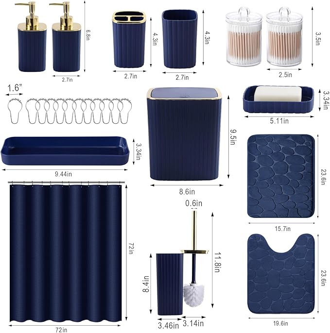 Bathroom Set with Shower Curtain and Rugs- 25PC Blue Bathroom Accessory Set, Navy Blue Shower Curtain Set, Toilet Brush, Trash Can, Qtip Holder Dispenser & Soap Dispenser