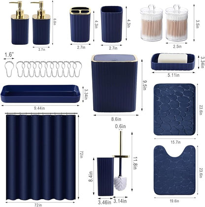 Bathroom Set with Shower Curtain and Rugs- 25PC Blue Bathroom Accessory Set, Navy Blue Shower Curtain Set, Toilet Brush, Trash Can, Qtip Holder Dispenser & Soap Dispenser