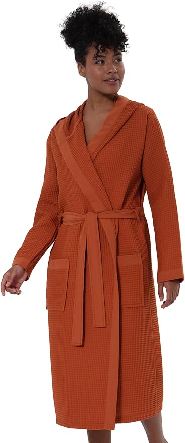 Women’s Luxury Waffle Shawl Collar, Hooded Robe w Piping – Lightweight, Long, Ultra Soft Spa Sleepwear Bathrobe