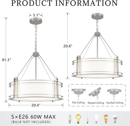 20.4''Drum Chandelier,5-Light Brushed Nickel Modern White Fabric Chandeliers,Farmhouse Round Pendant Light Fixture for Dining Room Kitchen Island Living Room Bedroom Hallway
