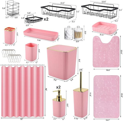 30PC Bathroom Accessories Set - Gorgeous Pink Bathroom Set, Bathroom Accessory Set, Pink Shower Curtain Set with 5PC Shower Caddy