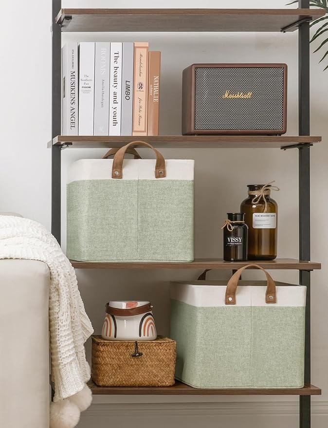 StorageWorks Storage Bins, Fabric Storage Bins for Shelves, Large Storage Baskets with Metal Frame, Closet Baskets and Bins with Handles, Green and White, 2-Pack