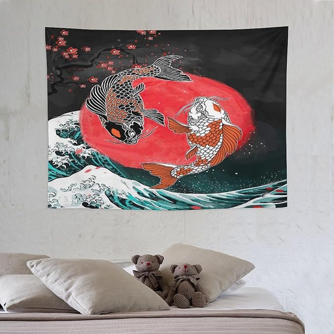 Houselerax Koi Fish Tapestries,Japanese Style Yin Yang Big Wave Cherry Blossoms Tapestry Wall Hanging for Bedroom Living Room Office Decor 40"x30"