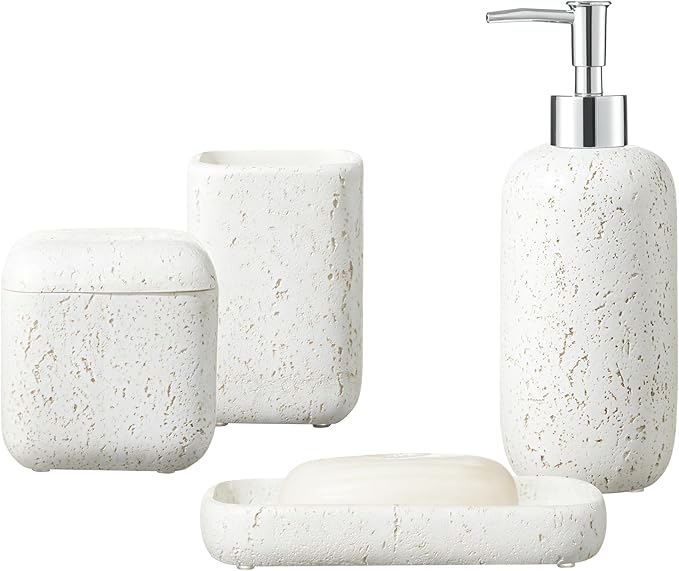 4-Pieces Bathroom Accessory Set Hight Quality Polyresin Ensemble-Lotion Dispenser/Toothbrush Holder/Cotton Jar/Soap Dish, Cream Color
