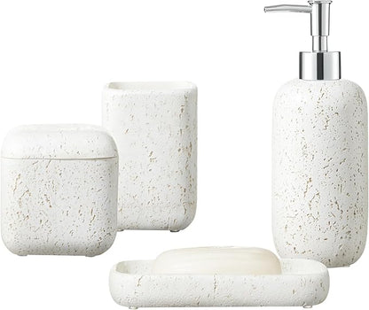 4-Pieces Bathroom Accessory Set Hight Quality Polyresin Ensemble-Lotion Dispenser/Toothbrush Holder/Cotton Jar/Soap Dish, Cream Color