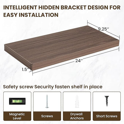 24 Inch Floating Shelves, 24"x9.25"x1.5" Inch Deep Floating Shelves for Wall, Wooden Shelves for Bathroom, Bedroom, Living Room, Walnut, 2 Pieces