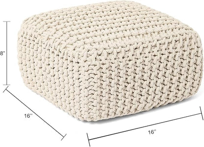 REDEARTH · Cube Low Pouf Foot Stool Ottoman - Hand Knitted Poof - Cord Boho Pouffe - Home Décor - Stuffed Footrest for Living Room - Nursery - Bedroom - Covered Patio - Room (16" x 16" x 8") - Ivory