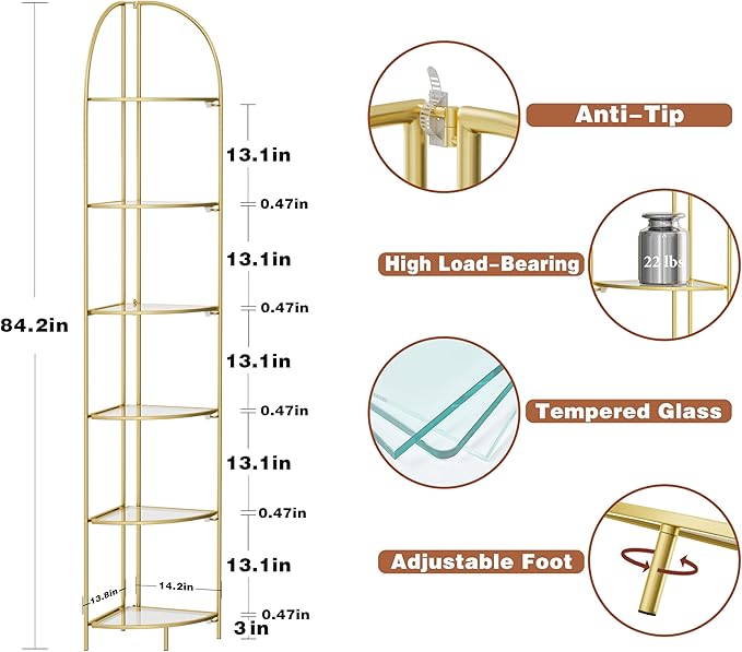 Crofy Foldable 6 Tier Corner Shelf, Metal Corner Plant Stand with Gold Frame and Transparent Shelves, Corner Display Rack Multipurpose Shelving Unit for Living Room, Bedroom, Bathroom