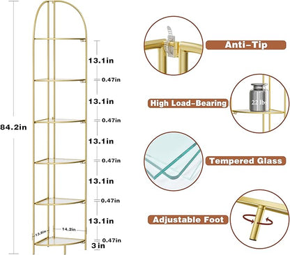 Crofy Foldable 6 Tier Corner Shelf, Metal Corner Plant Stand with Gold Frame and Transparent Shelves, Corner Display Rack Multipurpose Shelving Unit for Living Room, Bedroom, Bathroom