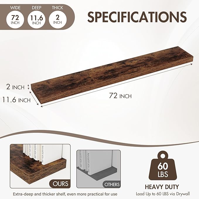72 Inch Floating Shelves, 12" Deep Floating Shelf Wall Mounted, 72" Wall Shelves, Rustic Deep Bookshelf, Extra Deeper & Thicker Display Shelves for Bedroom, Living Room, Brown, Set of 1