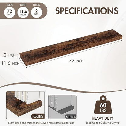 72 Inch Floating Shelves, 12" Deep Floating Shelf Wall Mounted, 72" Wall Shelves, Rustic Deep Bookshelf, Extra Deeper & Thicker Display Shelves for Bedroom, Living Room, Brown, Set of 1