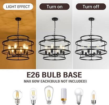 24" Black Chandelier, 6-Light Farmhouse Pendant Light Fixture with Geometric Metal Frame, Modern Industrial Ceiling Hanging Light for Dining Room, Living Room, Bedroom, Kitchen Island, Hallway, Foyer