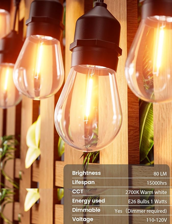Svater Outdoor Led String Lights 75 FT, Patio Lights for Outside with 26pcs S14 Shatterproof Bulbs, IP65 Waterproof Commercial Grade Market Light, 1 Watt E26 Dimmable 2700K Warm White