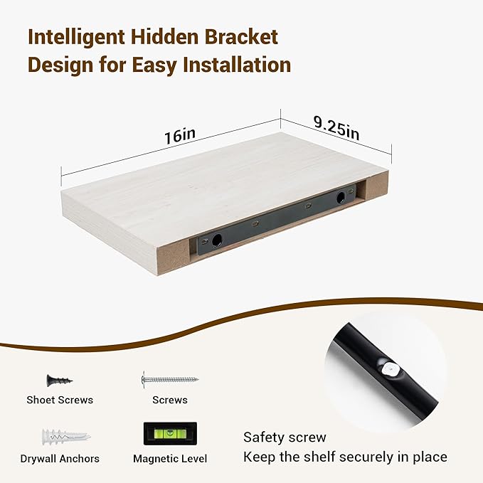 16 Inch Floating Shelves, 16"x9.25"x1.5" Inch Deep Floating Shelves for Wall, Wooden Shelves for Bathroom, Bedroom, Living Room, Cream White Oak, 2 Pieces