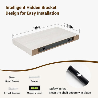 16 Inch Floating Shelves, 16"x9.25"x1.5" Inch Deep Floating Shelves for Wall, Wooden Shelves for Bathroom, Bedroom, Living Room, Cream White Oak, 2 Pieces