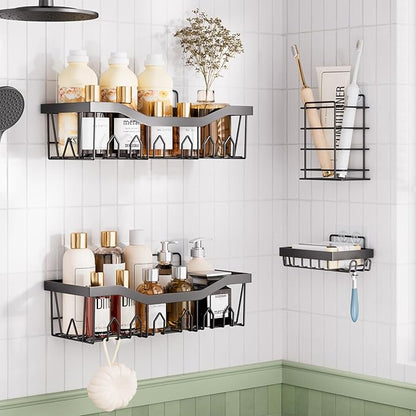 Black Bathroom Accessories Set with Shower Caddy-28PCS Black Bathroom Set with Shower Curtain, Rugs, Shower Curtain, Trash Can, Toilet Brush, Soap Dispenser and Toothbrush Set