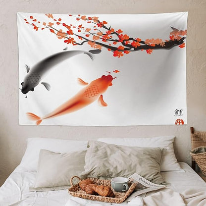 Japanese Koi Fish Tapestry, Cherry Blossoms Asian Oriental Flower Branch Koi Fish Carp Tapestries Wall Hanging for Bedroom Living Room Office Decor 60"x40"