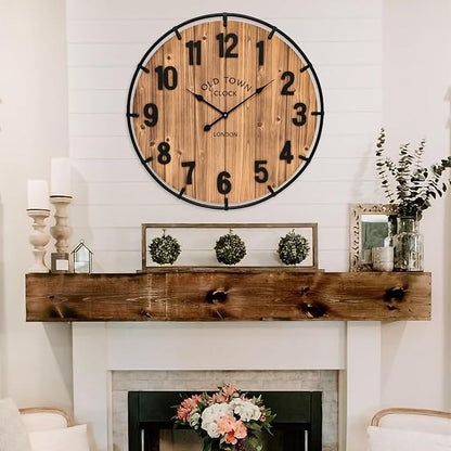 Large Old Town Farmhouse Wall Clock 20 Inches - Rustic Antique Wood with Metal Circle and Large Numerals Silent Battery Operated Wall Clock for Office Kitchen Bedroom Living Room