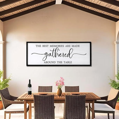 The Best Memories are Made Gathered Around The Table Sign Framed Wall Art, 32''×12'' Rustic Horizontal Plaque with Black Frame for Dinning Living Room, Farmhouse Long Home Family Wood Sign Wall Decor