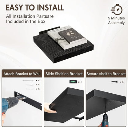 12 Inch Floating Shelves, 12" Deep Floating Shelf Wall Mounted, 12" Wall Shelves, Rustic Deep Bookshelf, Extra Deeper Display Shelves & Storage Shelves for Bedroom, Living Room, Set of 3