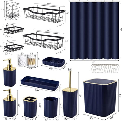 28PC Bathroom Set - Gorgeous Blue Bathroom Set, Bathroom Accessory Set, Blue Shower Curtain Set with 5PC Shower Shelves