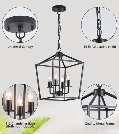 AMZASA UL Listed Black Industrial 4 Light Lantern Chandelier Ceiling Light Fixtures Farmhouse Metal Cage Rustic Geometric Pendant Light for Kitchen Island Entryway Dining Room Stairs and Hallway