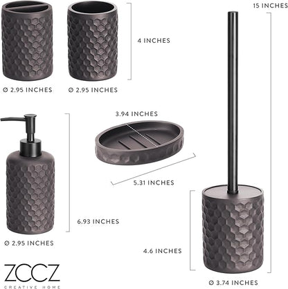 zccz Bathroom Accessories Set 5 Pcs - Soap Dispenser, Toilet Brush Holder, Toothbrush Holder, Bathroom Tumbler, Soap Dish - Vintage Bathroom Accessory Set Decor Countertop Vanity Organizer, Warm Grey