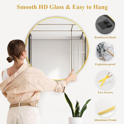 Fabuday Circle Gold Mirror for Wall 32 Inch - Large Bathroom Round Mirror with Matte Metal Frame, Entryway, Living Room, Hallyway, Bedroom Big Circular Mirrors