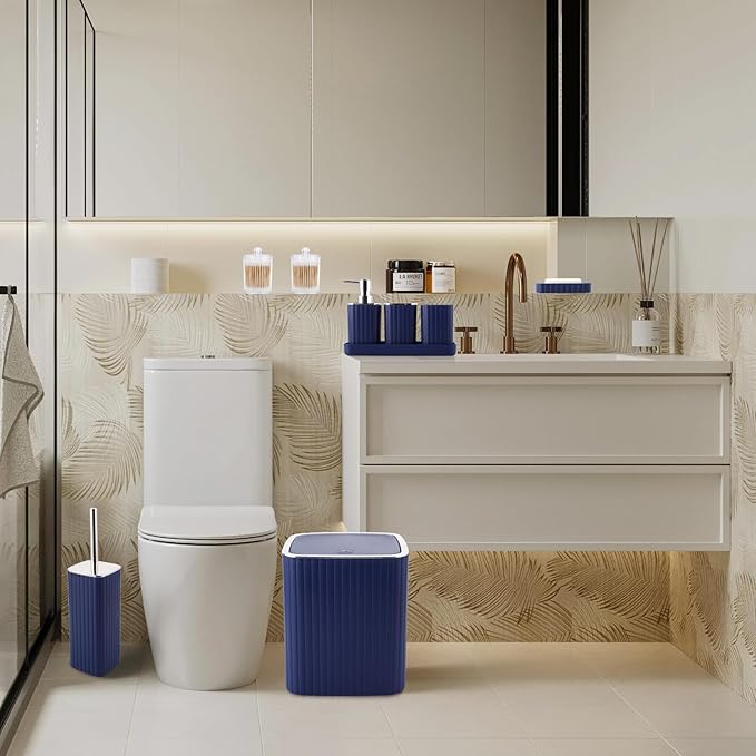 Bathroom Set with Shower Curtain and Rugs- 25PC Bathroom Accessory Set, Navy Blue Shower Curtain Set, Toilet Brush, Trash Can, Qtip Holder Dispenser & Soap Dispenser