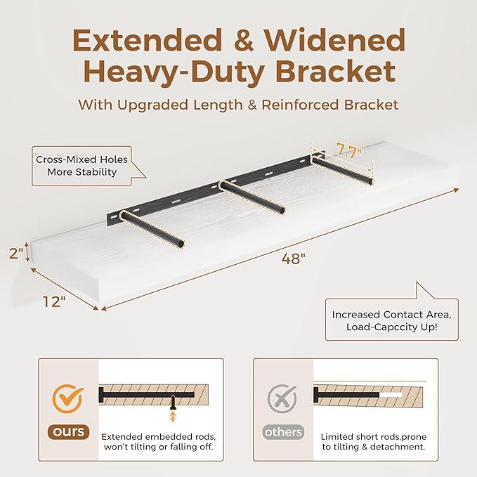 White Floating Shelves 48 Inch Long, 12 Inch Deep Floating Shelves for Wall, 48 x 12 Large Wall Shelves for Home Storage & Display, 2" Thicked Floating Shelf for Bedroom, Living Room, 1 Pack