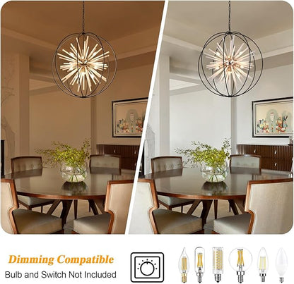 31.5" Black Gold 16-Light Globe Sputnik Chandelier Modern Industrial Adjustable Hanging Ceiling Pendant Light Fixture for Entryway Foyer Stairway Dining Living Room Hallway