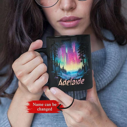 Personalized Winter Landscape Coffee Mug, Custom Northern Lights Ceramic Cup, Enchanted Forest With Vibrant Sky Mug, Custom Choose Name Black Mug 11oz 15oz, Gift For Nature Lovers
