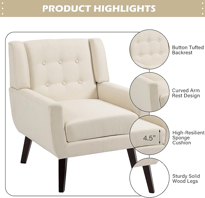 UIXE Accent Chair, Modern Upholstered Armchair in Fabric for Living Room, Comfy Club Arm Chairs Single Sofa Button Tufted Bedroom Reading Seat - White, Set of 1