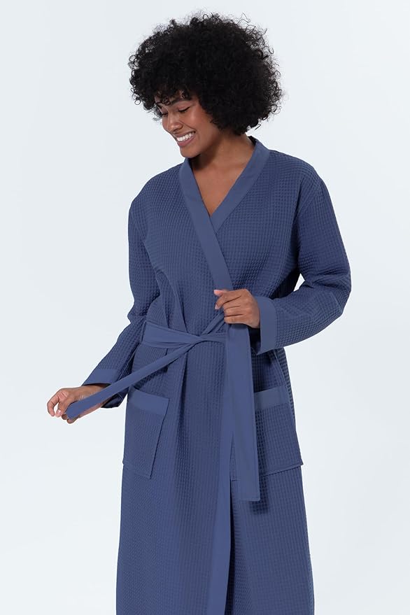 Women’s Luxury Waffle Shawl Collar, Hooded Robe w Piping – Lightweight, Long, Ultra Soft Spa Sleepwear Bathrobe