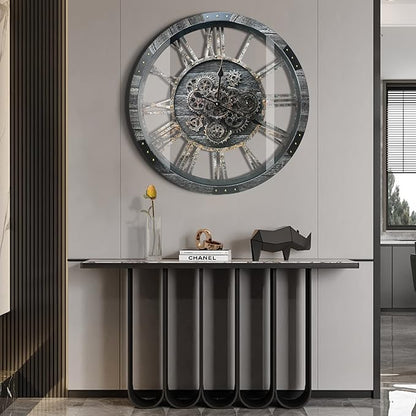 DORBOKER 27" Real Moving Gears Large Wall Clock with Toughened Glass Cover, Giant Wood Farmhouse Clock, Oversized Vintage Industrial Rustic Clock for Living Room Decor Home Kitchen (Carbon Grey)