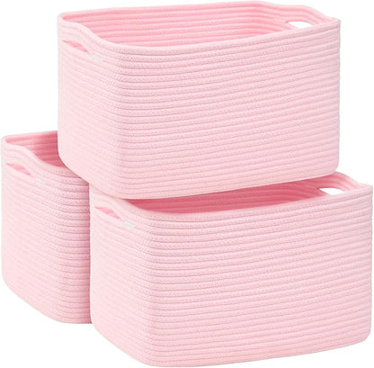 3-Pack Shelf Baskets for Organizing, Woven Storage Basket for Shelves, Cotton Rope Storage Bins for Toys Books, Nursery Towel Baskets for Classroom, 14.96"X9.8"X8.85", Pink