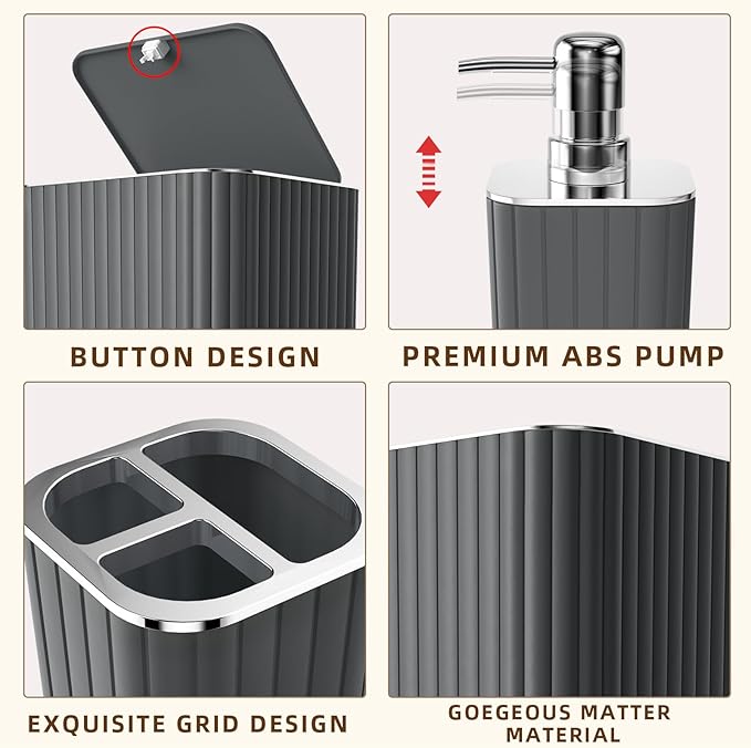 Bathroom Accessories Set- 25PC Grey Bathroom Set, Bathroom Set with Shower Curtain and Rugs, Shower Curtain Set, Toilet Brush, Trash Can, Qtip Holder Dispenser & Soap Dispenser