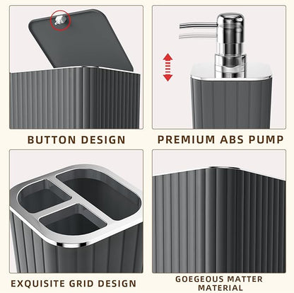 Bathroom Accessories Set- 25PC Grey Bathroom Set, Bathroom Set with Shower Curtain and Rugs, Shower Curtain Set, Toilet Brush, Trash Can, Qtip Holder Dispenser & Soap Dispenser