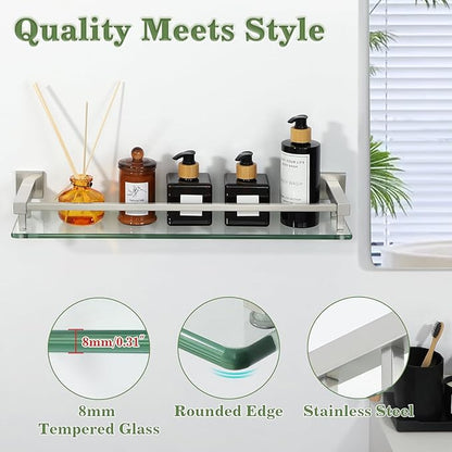 Alise Bathroom Shelves,Brushed Nickel Glass Shelf for Bathroom, Modern Floating Shelves,20 inch