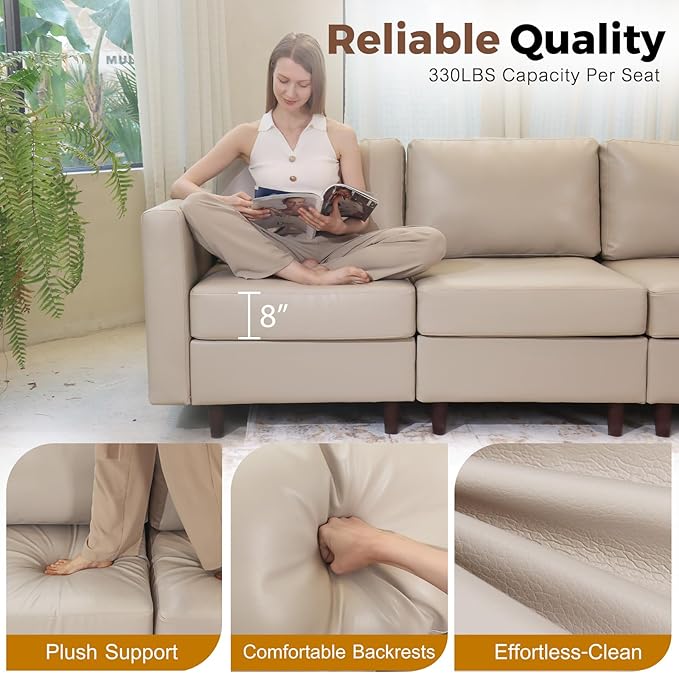 118.5" Faux Leather Modular Sectional Sofa, L Shaped Couch Set for Living Room, 6-Seater Comfy Cloud Couches with Movable Storage Ottoman Whitesand