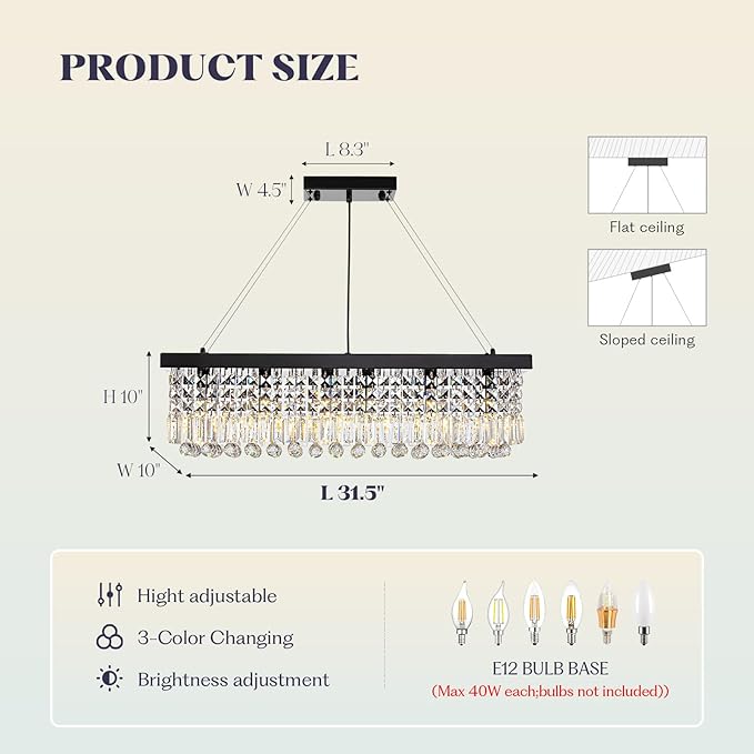 Rectangle K9 Crystal Chandelier,Rectangular Contemporary Pendant Light Fixture,Black Modern Crystal Chandeliers for Dining Room Kitchen Island L31.5''xW10''xH10''