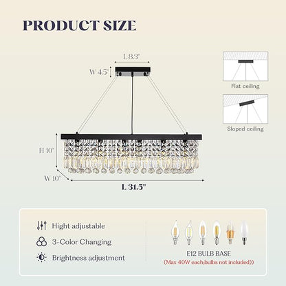 Rectangle K9 Crystal Chandelier,Rectangular Contemporary Pendant Light Fixture,Black Modern Crystal Chandeliers for Dining Room Kitchen Island L31.5''xW10''xH10''