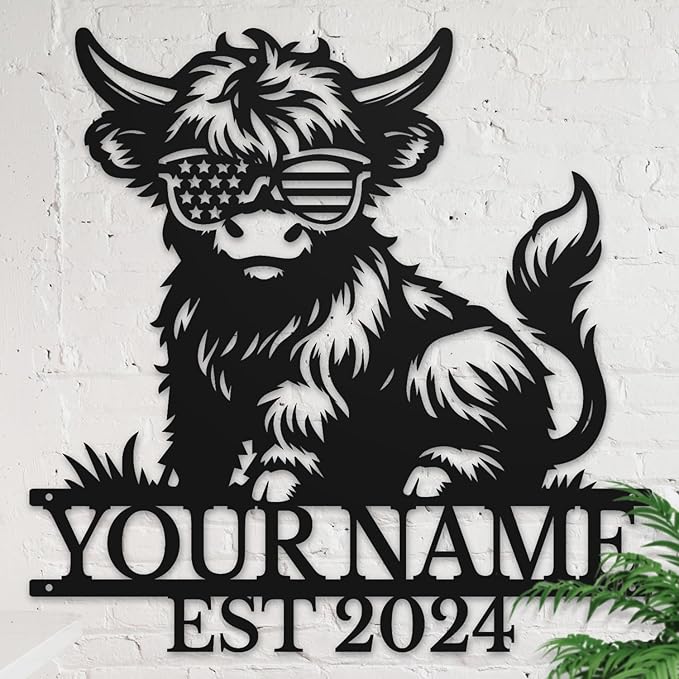 Personalized Highland Cow Name metal Signs,Custom Highland Cow Metal Shed Wall Decor,Black Metal Wall Art Plaques Outdoor wall Decorative Signage (Style C)
