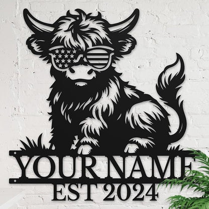 Personalized Highland Cow Name metal Signs,Custom Highland Cow Metal Shed Wall Decor,Black Metal Wall Art Plaques Outdoor wall Decorative Signage (Style C)