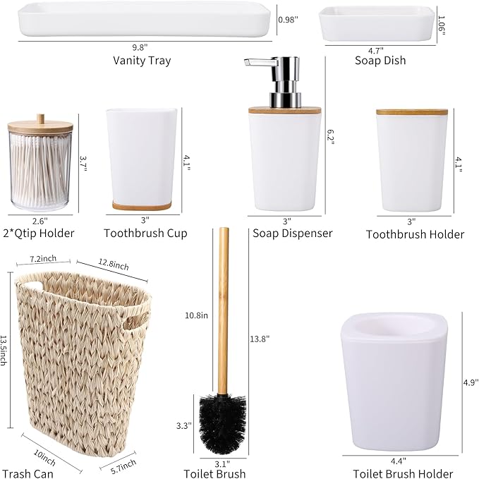 Bathroom Accessory Set with Wicker Trash Can, Beige Bathroom Accessories Set White Bathroom Sets Small Waste Basket Bathroom Trash Can for Bedroom Bathroom